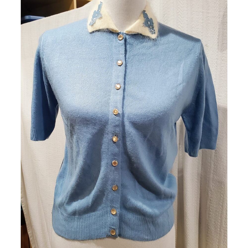 Jane Irwill 1950's Vintage Orlon Acrylic Cardigan Knit Sweater Blue Beaded S